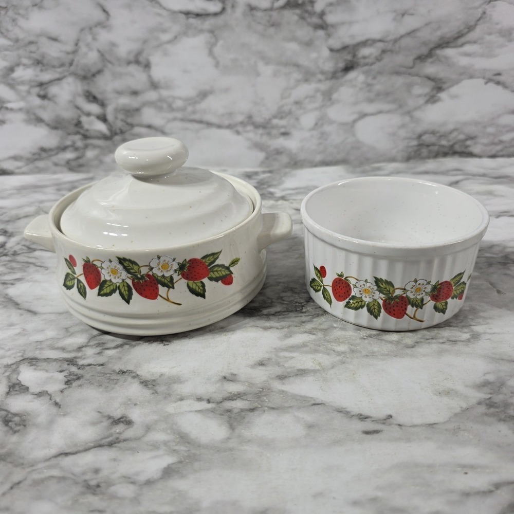 Sheffield strawberries n cream stoneware small vintage crock w/ lid & bowl read - Picture 3 of 16